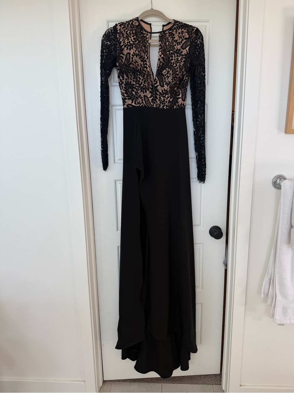 Black Lace Long-Sleeve Evening Gown with Nude Illusion Bodice